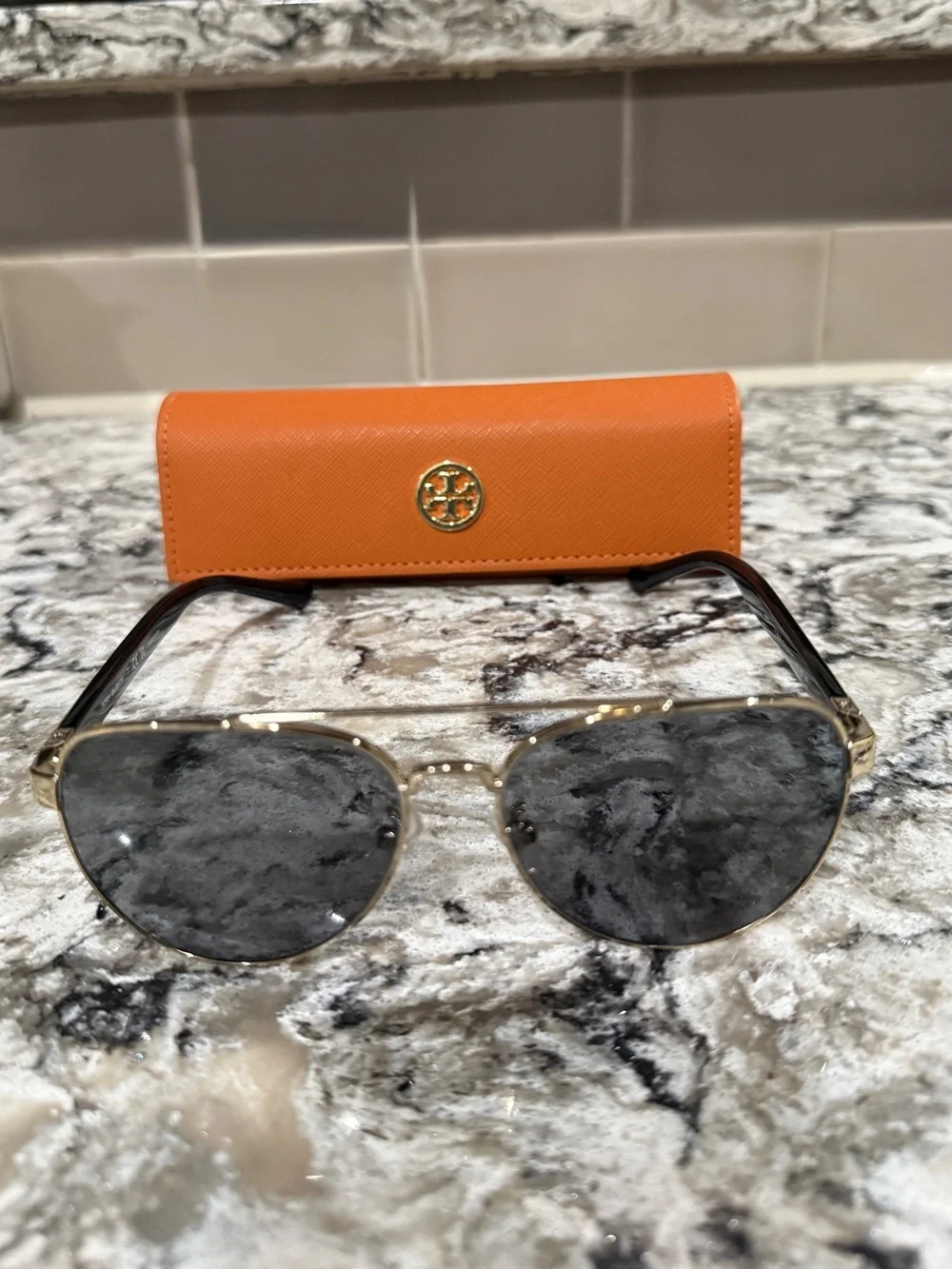 Tory Burch Gold Metal Aviator Sunglasses with Black Lenses